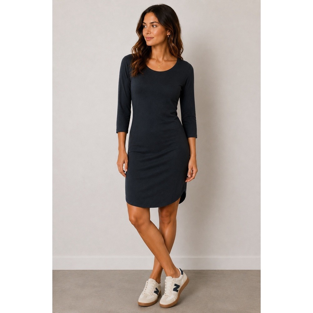 James Perse‎ Black Stretch Knit Dress 3 Sleeve Minimalist Casual Soft Cotton